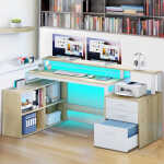 Dextrus 65" L Shaped Desk with Power Outlets and Monitor Stand , Computer Desk with LED Light &File Cabinet, Corner Desk with 3