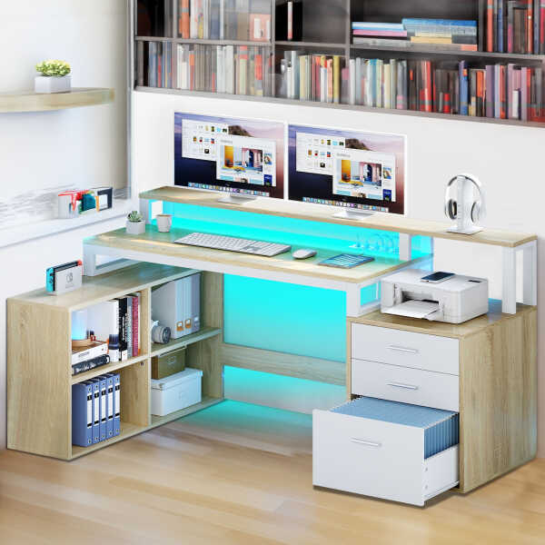 Dextrus 65" L Shaped Desk with Power Outlets and Monitor Stand , Computer Desk with LED Light &File Cabinet, Corner Desk with 3