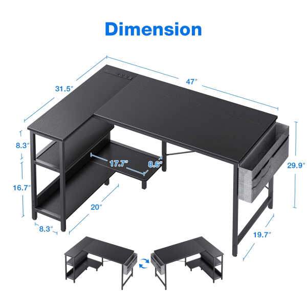48 inch Reversible L Shaped Gaming Desk with LED Lights & Power Outlet, Corner Computer Desk with Storage Shelves & CPU Stand,