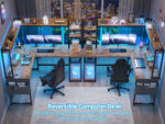 Homieasy L Shaped Desk with Power Outlet and LED lights, Reversible Corner Computer Desk with Hutch and Storage Shelf, Ergonomic
