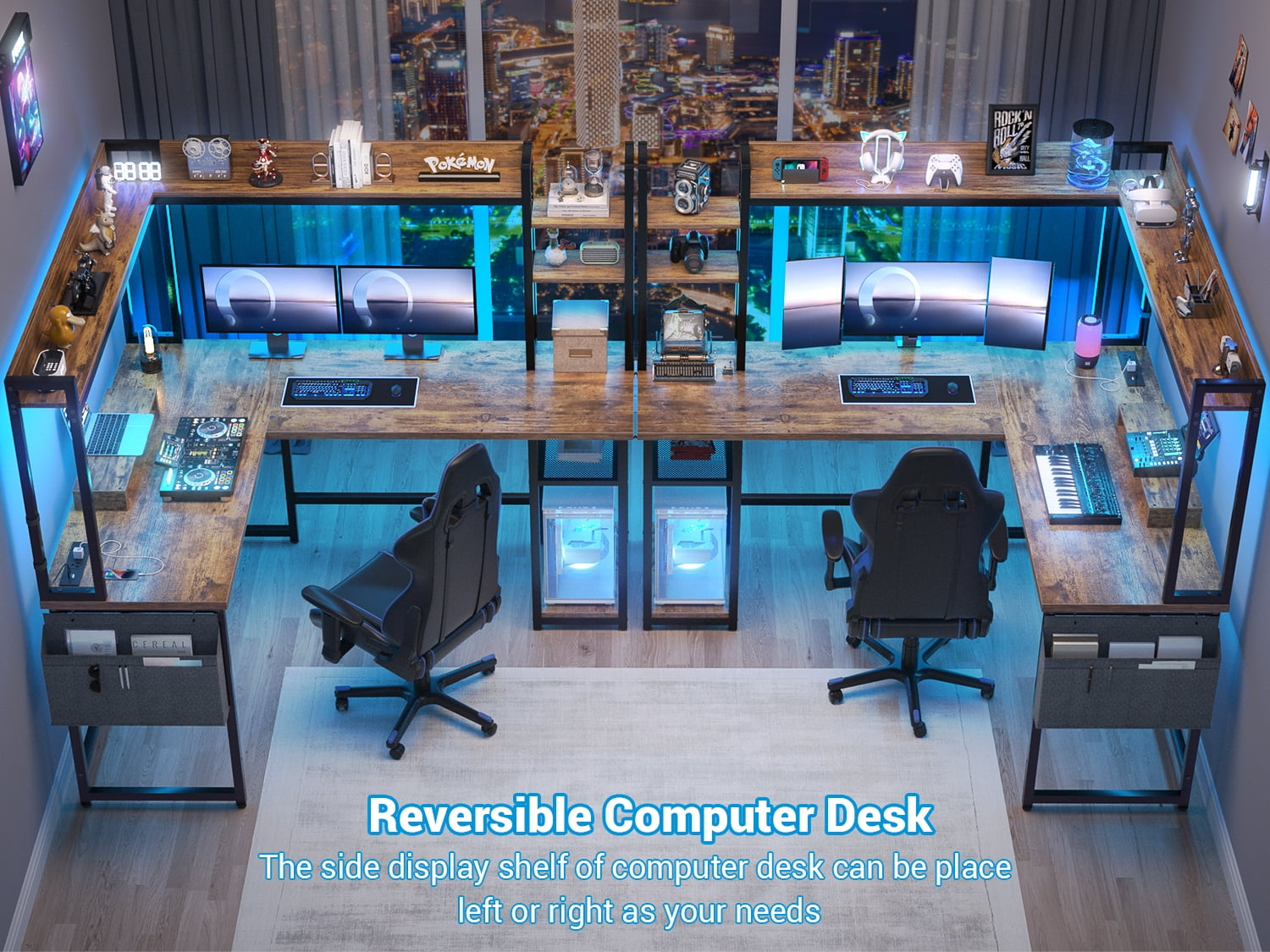 Homieasy L Shaped Desk with Power Outlet and LED lights, Reversible Corner Computer Desk with Hutch and Storage Shelf, Ergonomic