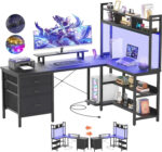 iSunirm L Shaped Gaming Desk with Storage, Computer Gaming Desk with LED Lights & Hutch, Reversible Computer Desk with Power