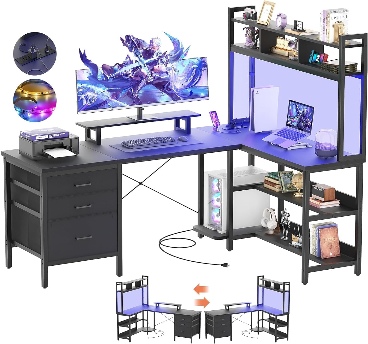 iSunirm L Shaped Gaming Desk with Storage, Computer Gaming Desk with LED Lights & Hutch, Reversible Computer Desk with Power