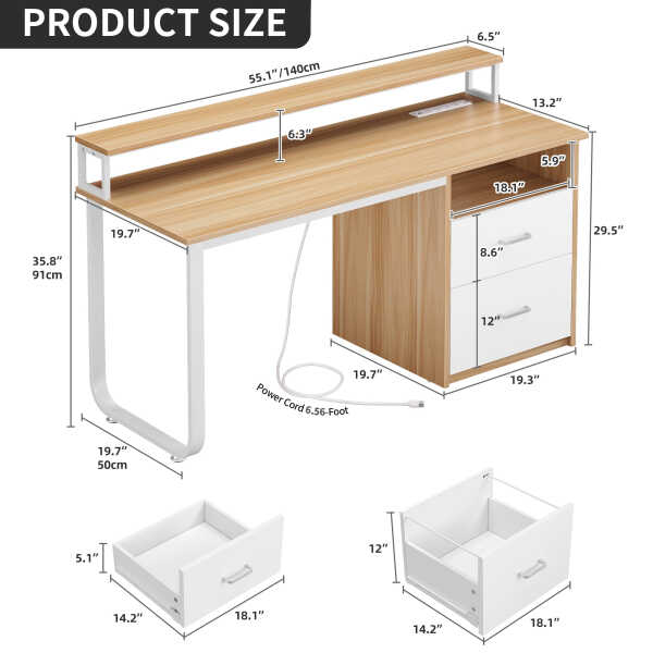 Dextrus 47 inch Computer Desk with Storage Drawers & LED Light, Office Desk with Monitor Stand & Power Outlets, Work Study PC