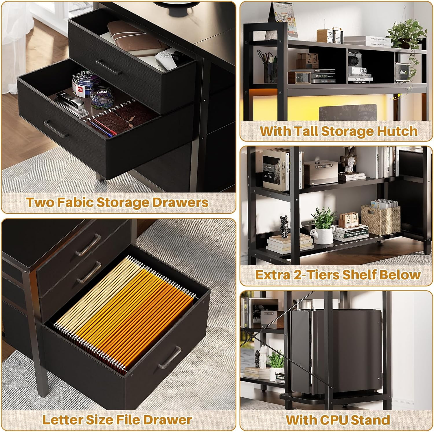 iSunirm L Shaped Gaming Desk with Storage, Computer Gaming Desk with LED Lights & Hutch, Reversible Computer Desk with Power