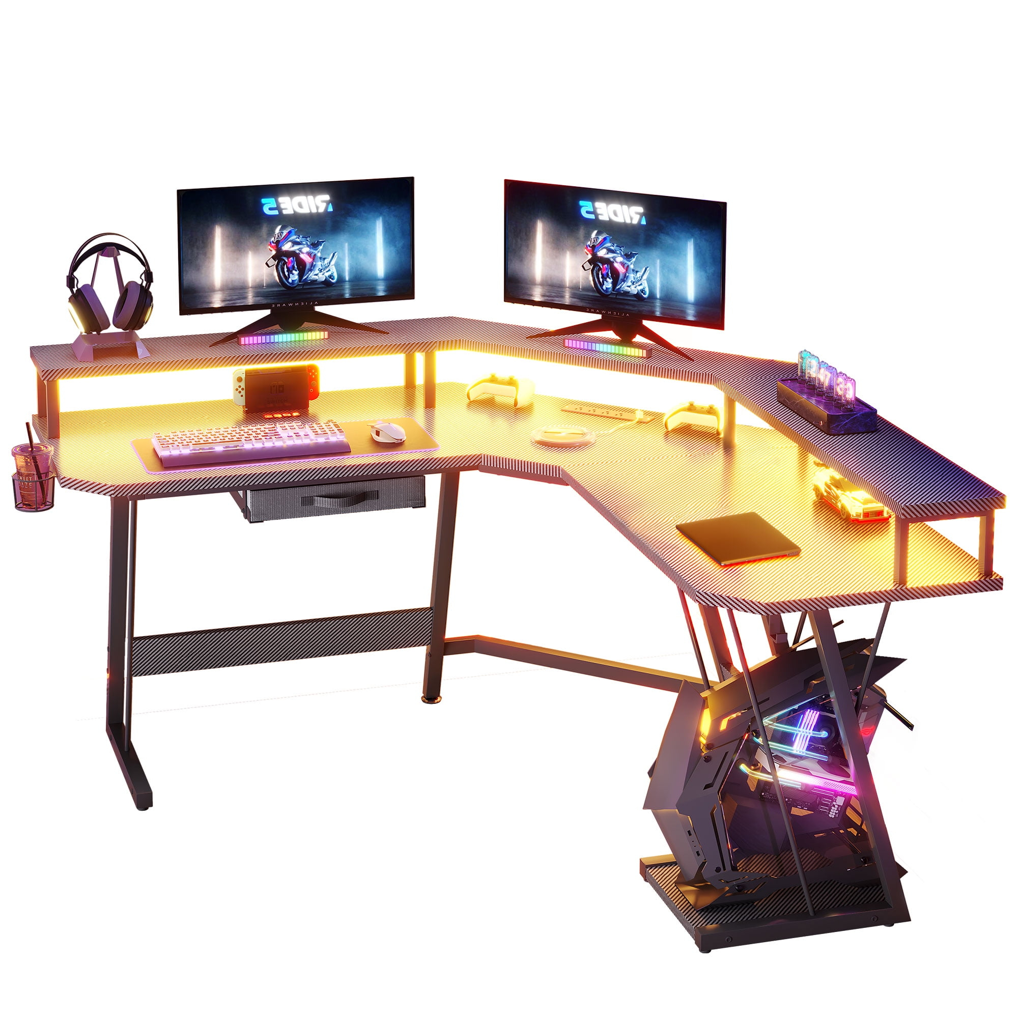 Dextrus L-Shaped Gaming Desk with Large Monitor Riser Stand, Corner Computer Desk with LED & Power Outlets, Carbon Corner Desk