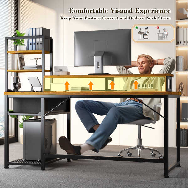 EnHomee 43.3" Gaming Desk with LED Lights & Power Outlets, Computer Desk with Drawers, Home Office Desks with Reversible Shelves