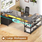 67" L Shaped Desk with Drawers, Computer Office Desk with Storage Shelves & Power Outlet, Reversible Gaming Desk with LED Lights