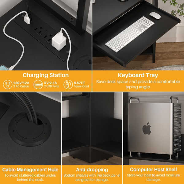 Homieasy Corner Computer Desk with Power Outlets & LED Light, Corner Desk with Hutch, Triangle Gaming Desk with Keyboard Tray,