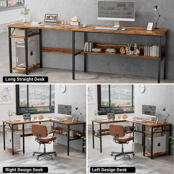 Homieasy Reversible L Shaped Desk with Magic Power Outlets and USB Charging Ports, Sturdy Corner Computer Desk with Storage