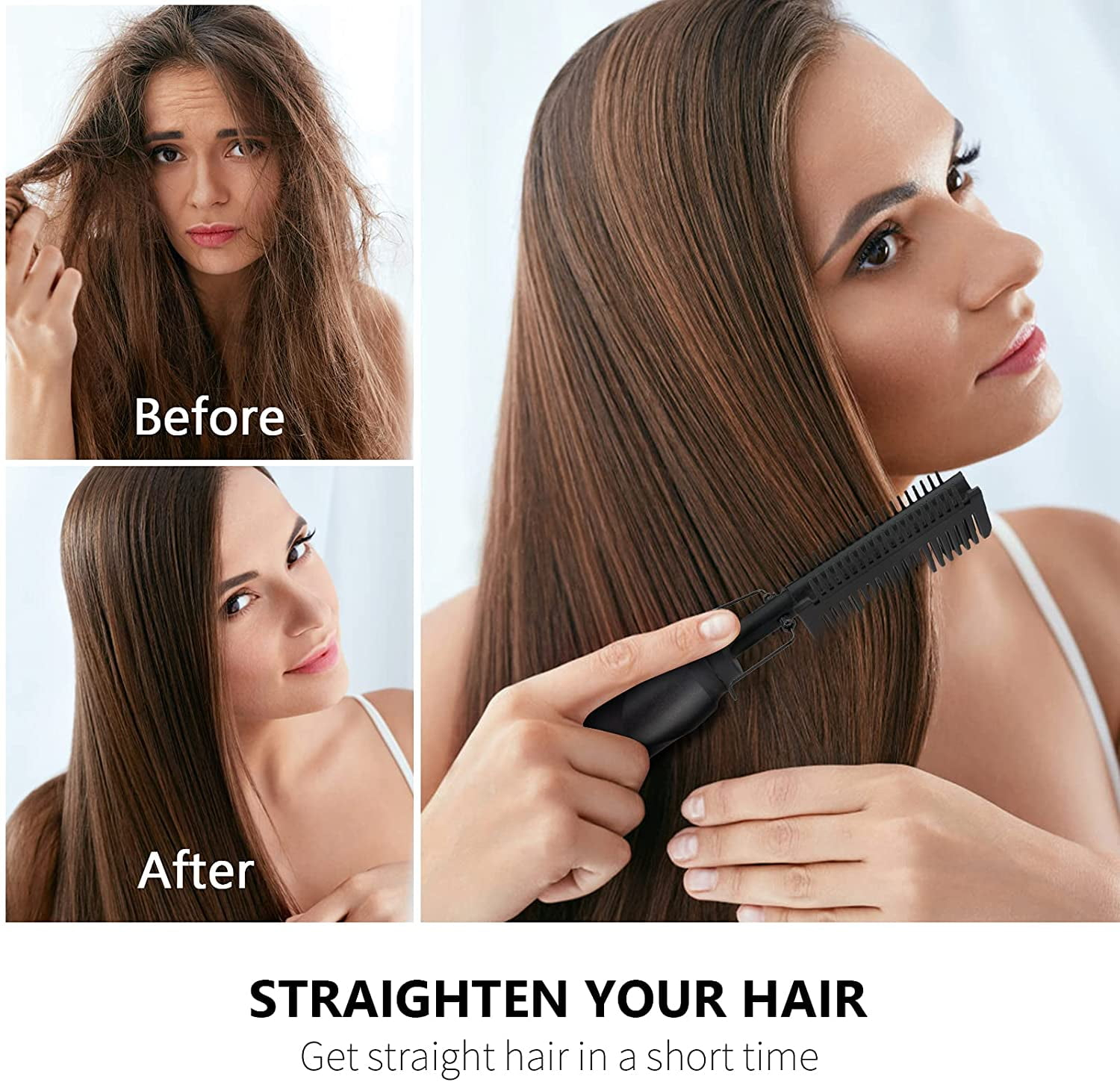 SHELLTON Hair Straightener Brush, Anti-static Dual-Brush Comb, Professional V-Shaped Clamp Styling Comb Tool for Home and
