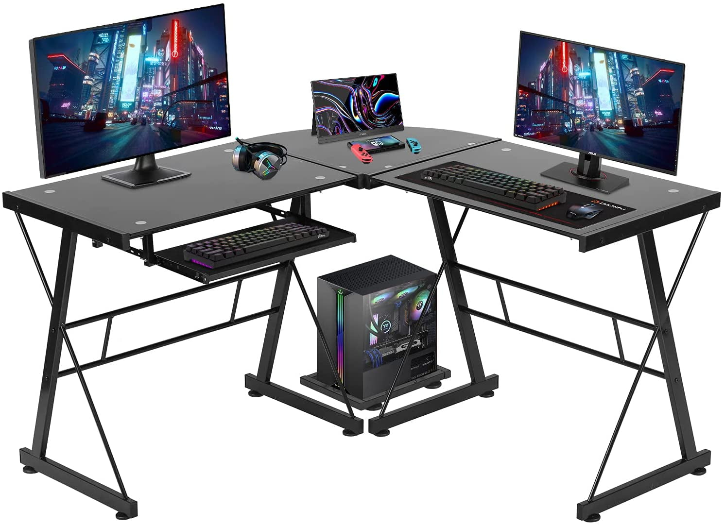 BestOffice Modern Easy Assembly L Shape Desk with Keyboard, Black