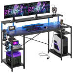 Bestier Gaming Desk with LED Light & Outlets 55" Computer Desk with Monitor Stand, Black Carbon Fiber