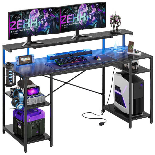 Bestier Gaming Desk with LED Light & Outlets 55" Computer Desk with Monitor Stand, Black Carbon Fiber