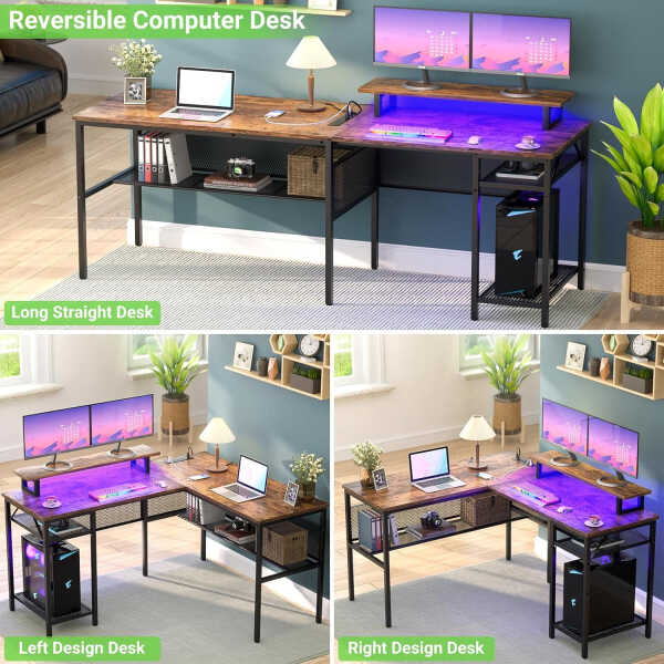 Homieasy L Shaped Computer Desk with Magic Power Outlets and Smart LED Light, Reversible 55 Inch Corner Office Desk with Monitor