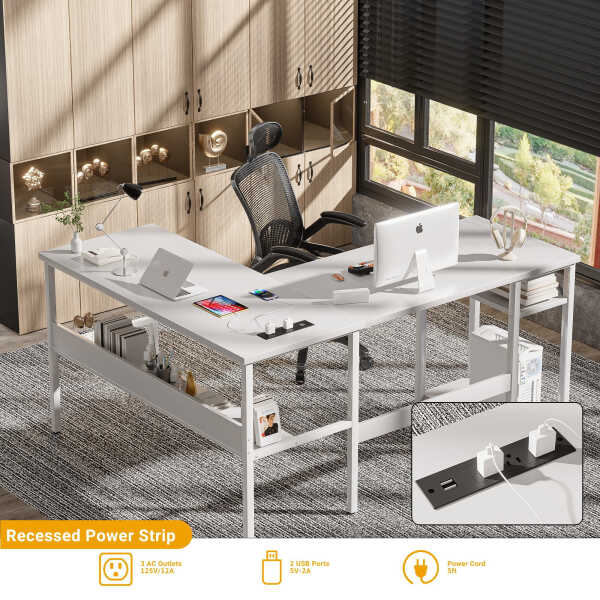 Homieasy Reversible L Shaped Desk with Magic Power Outlets and USB Charging Ports, Sturdy Corner Computer Desk with Storage
