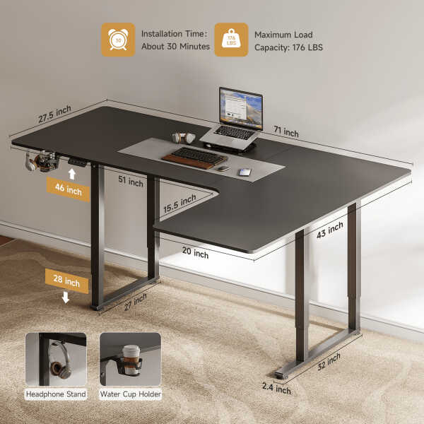 63x43 Inches L Shaped Standing Desk, Electric L Stand Up Desk with 4 Legs, Adjustable Height from 28-46 Inches for Home and