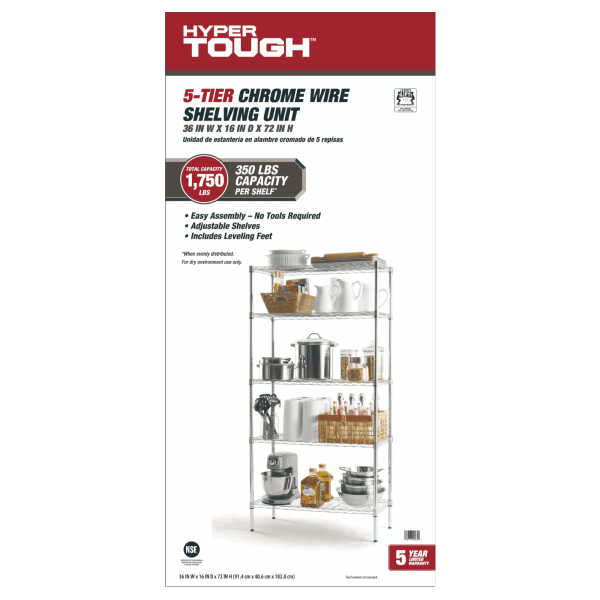 Hyper Tough 5-Tier Wire Storage Shelves, 36" W x 16" D x 72" H, 1750 lb Load Capacity, Black