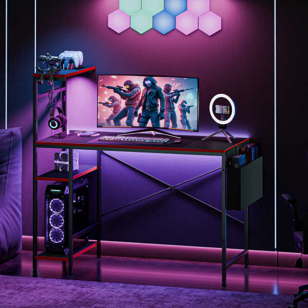 ZENY Gaming Desk with Power Outlets, 44 Inch LED Computer Desk with Side Storage Bag for Bedroom Home Office Black