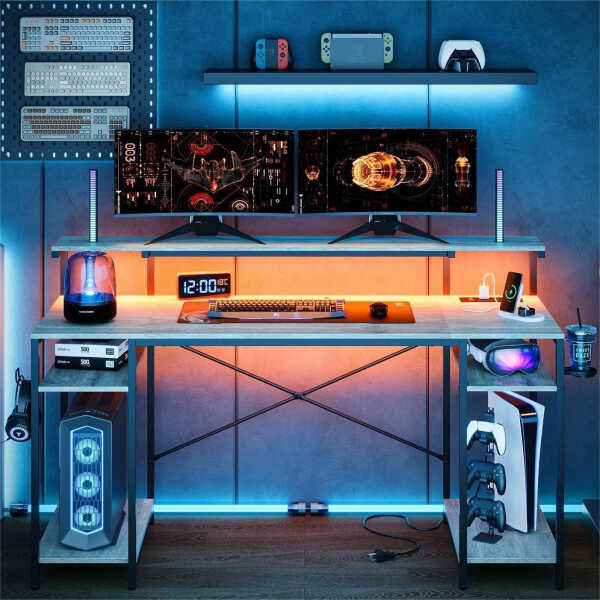 Bestier Gaming Desk with LED Light & Outlets 55" Computer Desk with Monitor Stand, Black Carbon Fiber