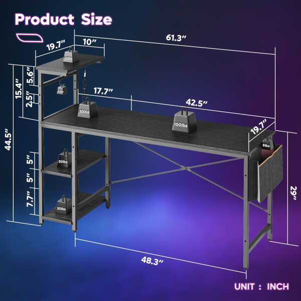 Bestier 61" Reversible Gaming Desk with PC Shelf Computer Desk with LED Light Carbon Fiber
