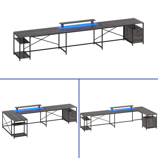 Wooflex Reversible U-Shaped Desk with Monitor Stand, Power Outlets & LED Lights, L-Shaped and Long Home Office Desk with Drawers