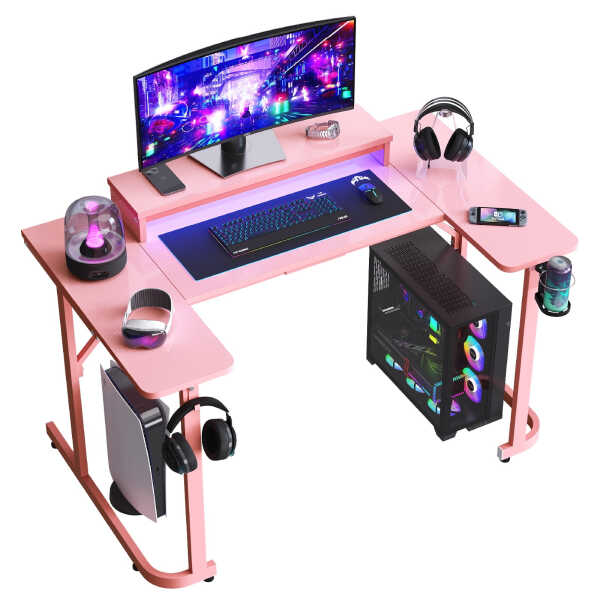 Bestier 51 inch Gaming Desk with LED Lights, U-Shaped Computer Desk with Monitor Stand, Hooks and Cup Holder, Home Office Desk,
