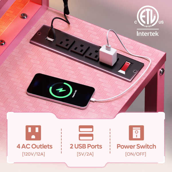 Bestier 71.5 inch Gaming Desk with LED Lights & Power Outlet, L Shaped Computer Desk with Hutch & Adjustable Shelves, Pink 3D