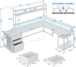 Enhomee L Shaped Desk, Gaming Desks with Power Outlet & LED Light Computer Deskwith Drawers & Storage Shelves Black