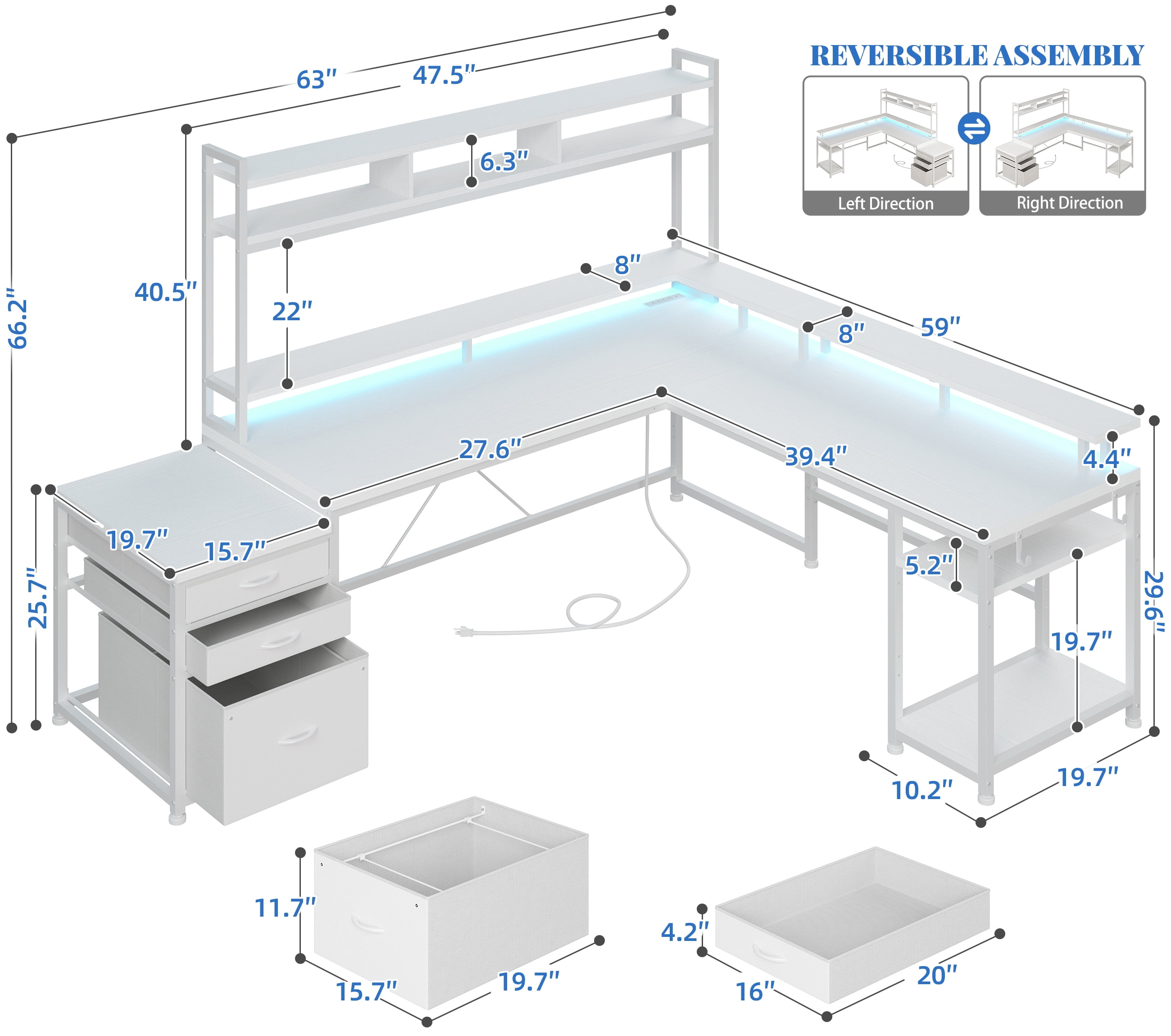 Enhomee L Shaped Desk, Gaming Desks with Power Outlet & LED Light Computer Deskwith Drawers & Storage Shelves Black