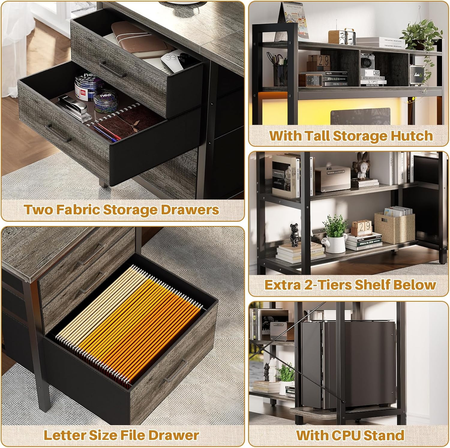 iSunirm L Shaped Gaming Desk with Storage, Computer Gaming Desk with LED Lights & Hutch, Reversible Computer Desk with Power