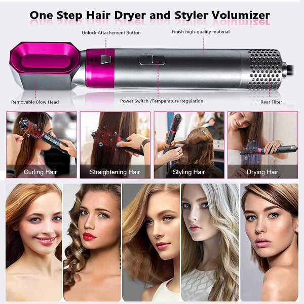 5-in-1 Electric Hair Dryer Brush - Negative Hair Styler with Detachable Brush Heads - Blow Dryer Brush for Straightening and