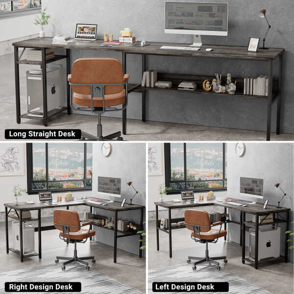 Homieasy Reversible L Shaped Desk with Magic Power Outlets and USB Charging Ports, Sturdy Corner Computer Desk with Storage