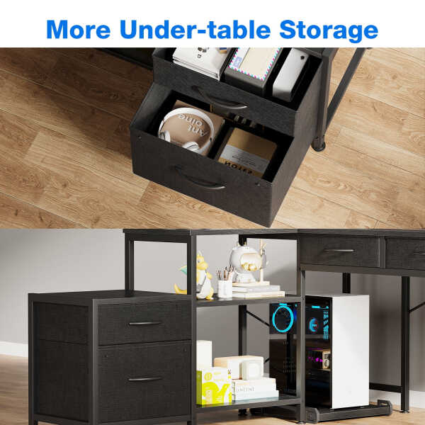 L Shaped Gaming Desk with File Drawer & Power Outlet, 53" Reversible Home Office Desk with Monitor Stand & Storage Drawers,