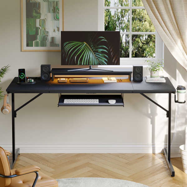 Bestier 63" Gaming Desk with LED Lights & Power Outlets, Computer Desk with Monitor Stand & Keyboard Tray for Home Office,