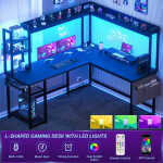 Homieasy L Shaped Desk with Power Outlet and LED lights, Reversible Corner Computer Desk with Hutch and Storage Shelf, Ergonomic