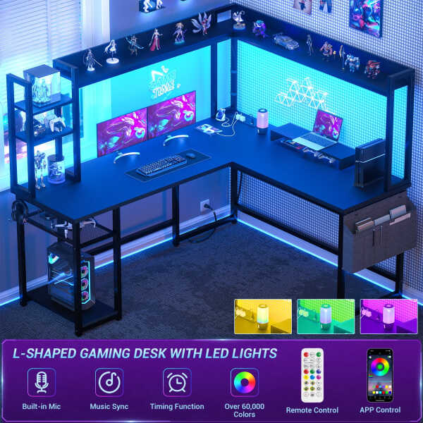Homieasy L Shaped Desk with Power Outlet and LED lights, Reversible Corner Computer Desk with Hutch and Storage Shelf, Ergonomic
