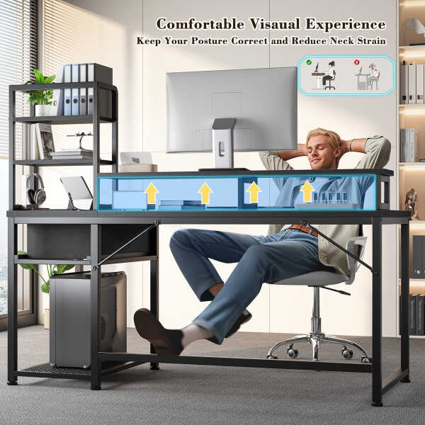 EnHomee 43.3" Gaming Desk with LED Lights & Power Outlets, Computer Desk with Drawers, Home Office Desks with Reversible Shelves