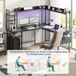 Homieasy L Shaped Desk with Power Outlet and LED lights, Reversible Corner Computer Desk with Hutch and Storage Shelf, Ergonomic