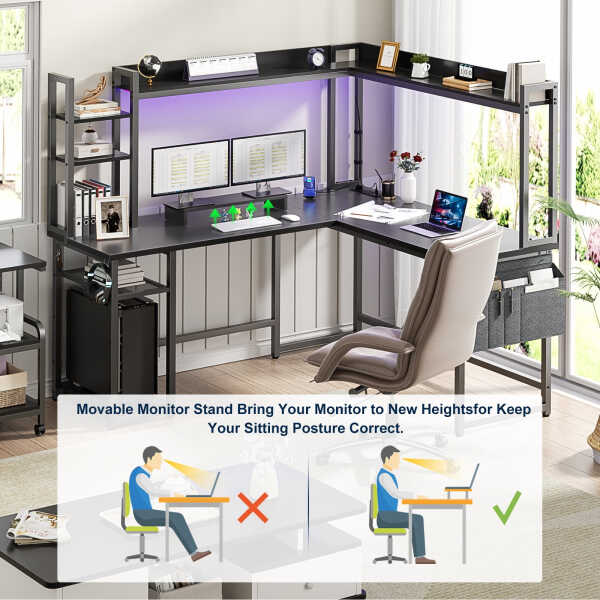 Homieasy L Shaped Desk with Power Outlet and LED lights, Reversible Corner Computer Desk with Hutch and Storage Shelf, Ergonomic