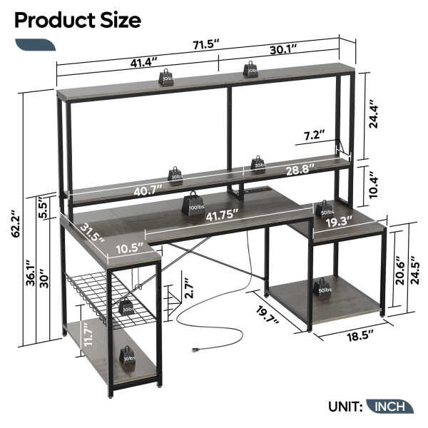 Bestier 71.5 inch Gaming Desk with LED Lights & Power Outlet, L Shaped Computer Desk with Hutch & Adjustable Shelves, Pink 3D