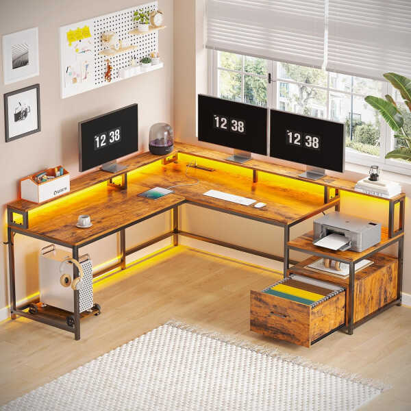 L Shaped Desk with Power Outlet and LED Lights, Corner Computer Desk with File Drawer for Home Office, Gaming Desk, Rustic Brown