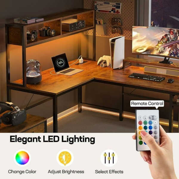 CHITOOMA 67 Inch Reversible L-Shaped Computer Desk Gaming Desk with Power Outlets,USB Ports,LED Strip,Storage Shelves & Monitor