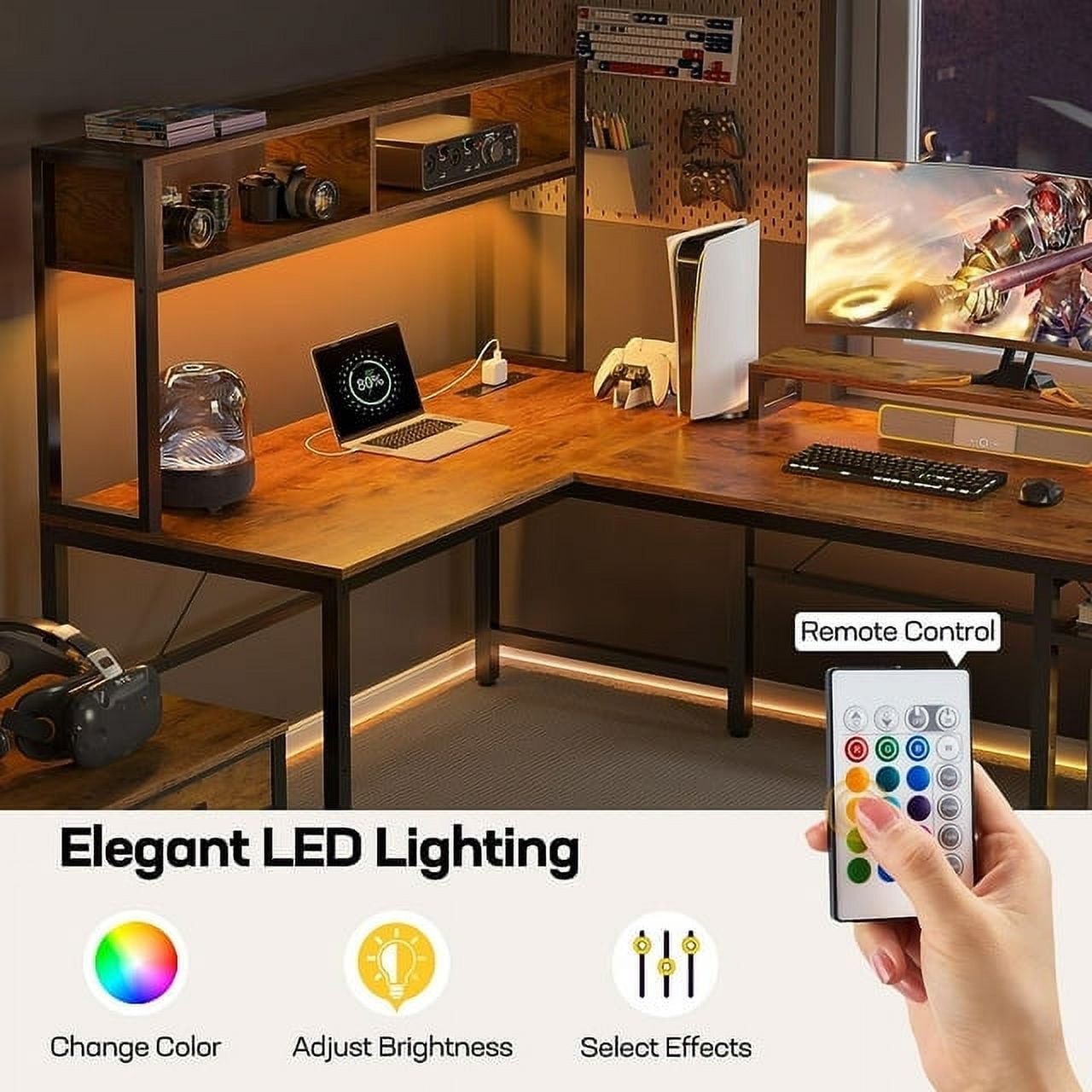 CHITOOMA 67 Inch Reversible L-Shaped Computer Desk Gaming Desk with Power Outlets,USB Ports,LED Strip,Storage Shelves & Monitor