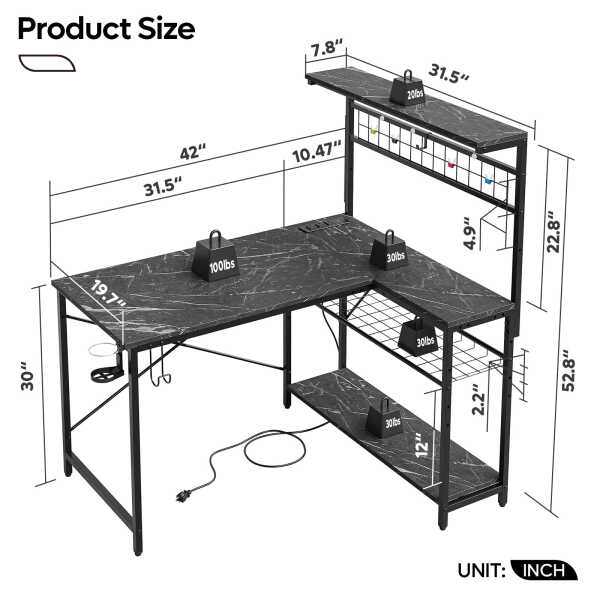 Bestier 42 inch Gaming Desk with LED Lights & Power Outlet, Reversible L Shaped Computer Desk with Hutch & Storage Shelves,