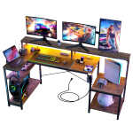 Eunon 71 inch L-Shaped Gaming Desk with Power Outlets LED Computer Office Table with Monitor Stand & Storage Shelf