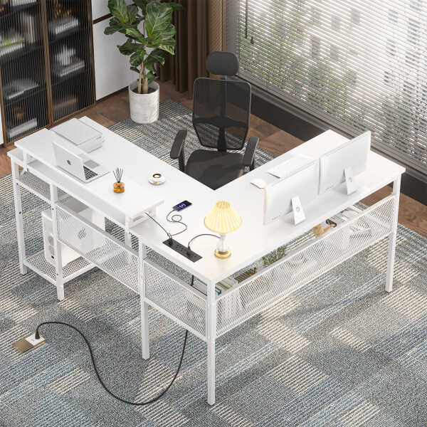 Homieasy L Shaped Computer Desk with Magic Power Outlets and Smart LED Light, Reversible 55 Inch Corner Office Desk with Monitor