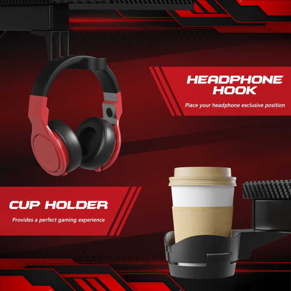 Homall 44 Inches Z-Shaped Gaming Desk Carbon Fiber Surface Desk with Cup Holder & Headphone Hook, Black