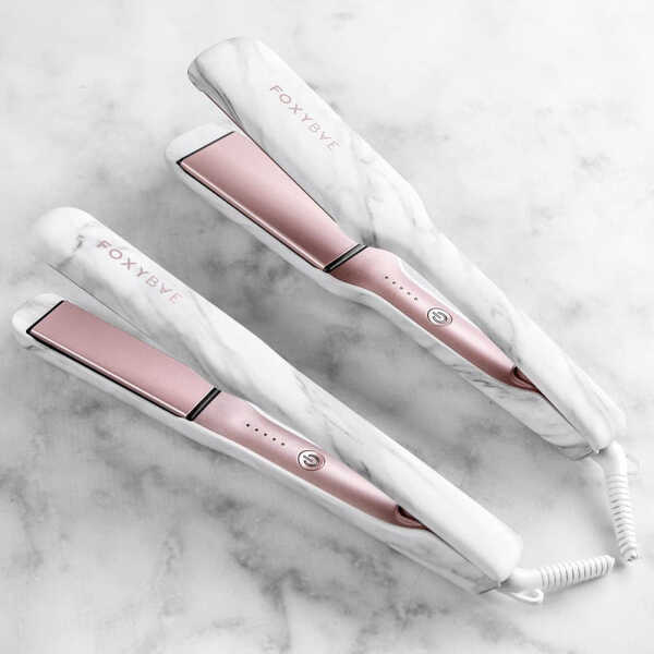 FoxyBae White Marble Rose Gold Flat Iron - Ceramic Tourmaline Technology - Hair Straightener with Negative Ions - Straightens &