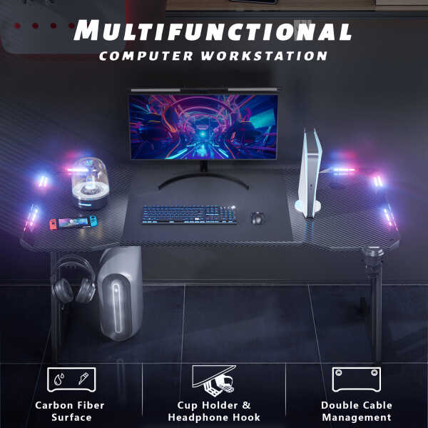 HLDIRECT 55 inch Gaming Desk with LED, Ergonomic PC Table with Cup Holder&Headphone Hook for Adults, Black